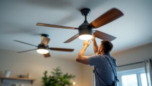 A photograph of a well-lit room featuring two stylish ceiling fans in action