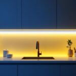 A photograph of a modern kitchen featuring sleek under cabinet led strip lights illuminating the countertop