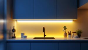 A photograph of a modern kitchen featuring sleek under cabinet led strip lights illuminating the countertop