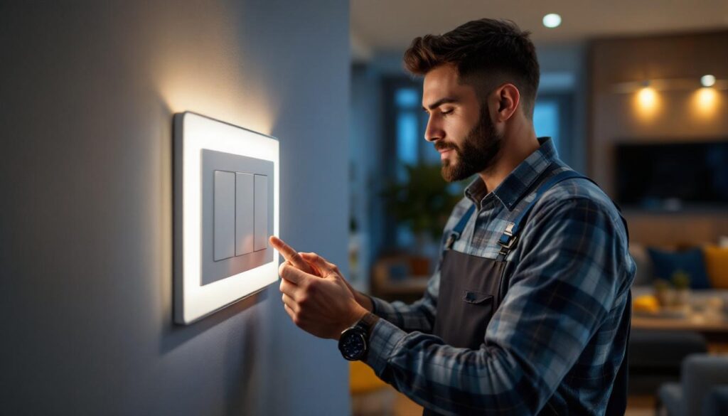 A photograph of a lighting contractor installing a sleek