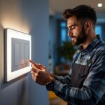 A photograph of a lighting contractor installing a sleek