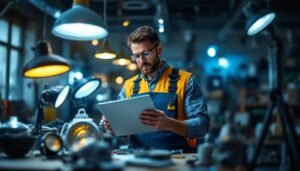 A photograph of a professional lighting contractor examining various rab lighting fixtures alongside alternative options in a well-lit workspace