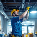 A photograph of a lighting contractor expertly installing a led light retrofit kit in a commercial setting
