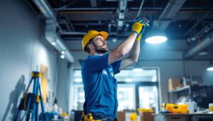 A photograph of a lighting contractor expertly installing a led light retrofit kit in a commercial setting