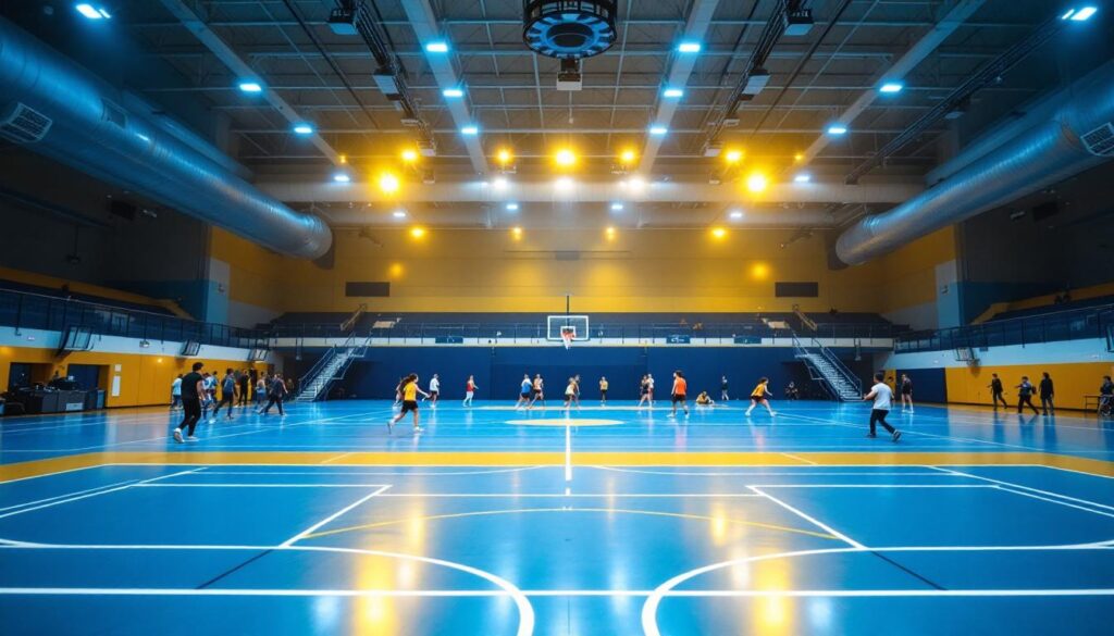A photograph of a well-lit gymnasium showcasing various lighting fixtures in action