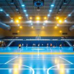 A photograph of a well-lit gymnasium showcasing various lighting fixtures in action