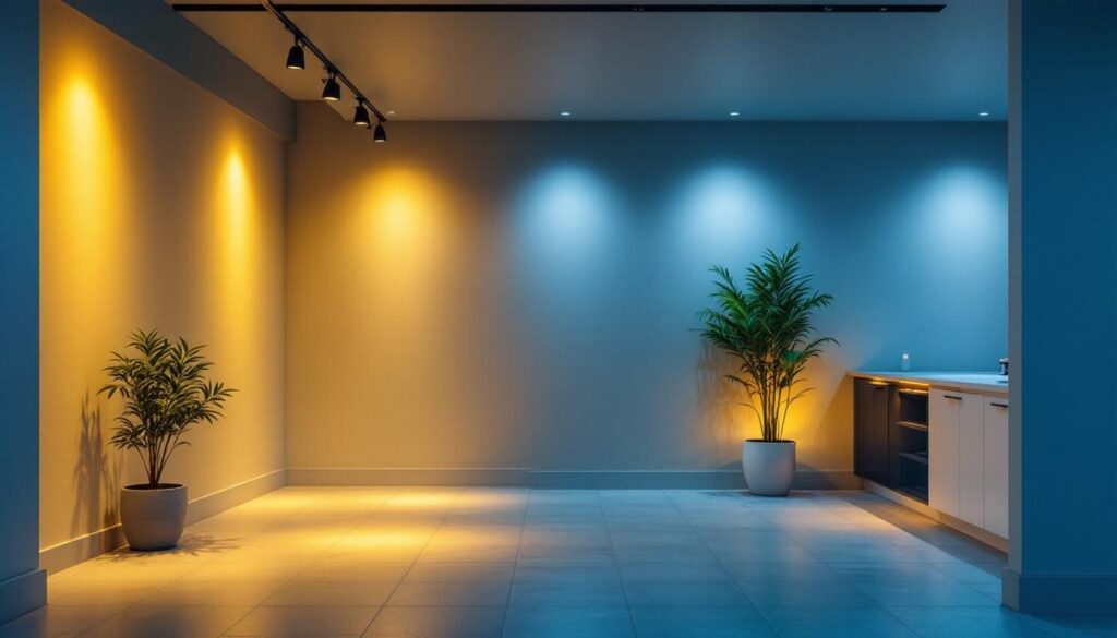 A photograph of a well-lit basement space showcasing various lighting options