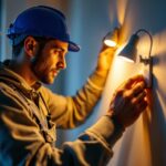 A photograph of a skilled lighting contractor installing mini led can lights in a modern interior space