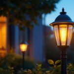A photograph of a beautifully illuminated exterior lighting post mount in a residential or commercial setting during twilight