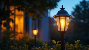 A photograph of a beautifully illuminated exterior lighting post mount in a residential or commercial setting during twilight