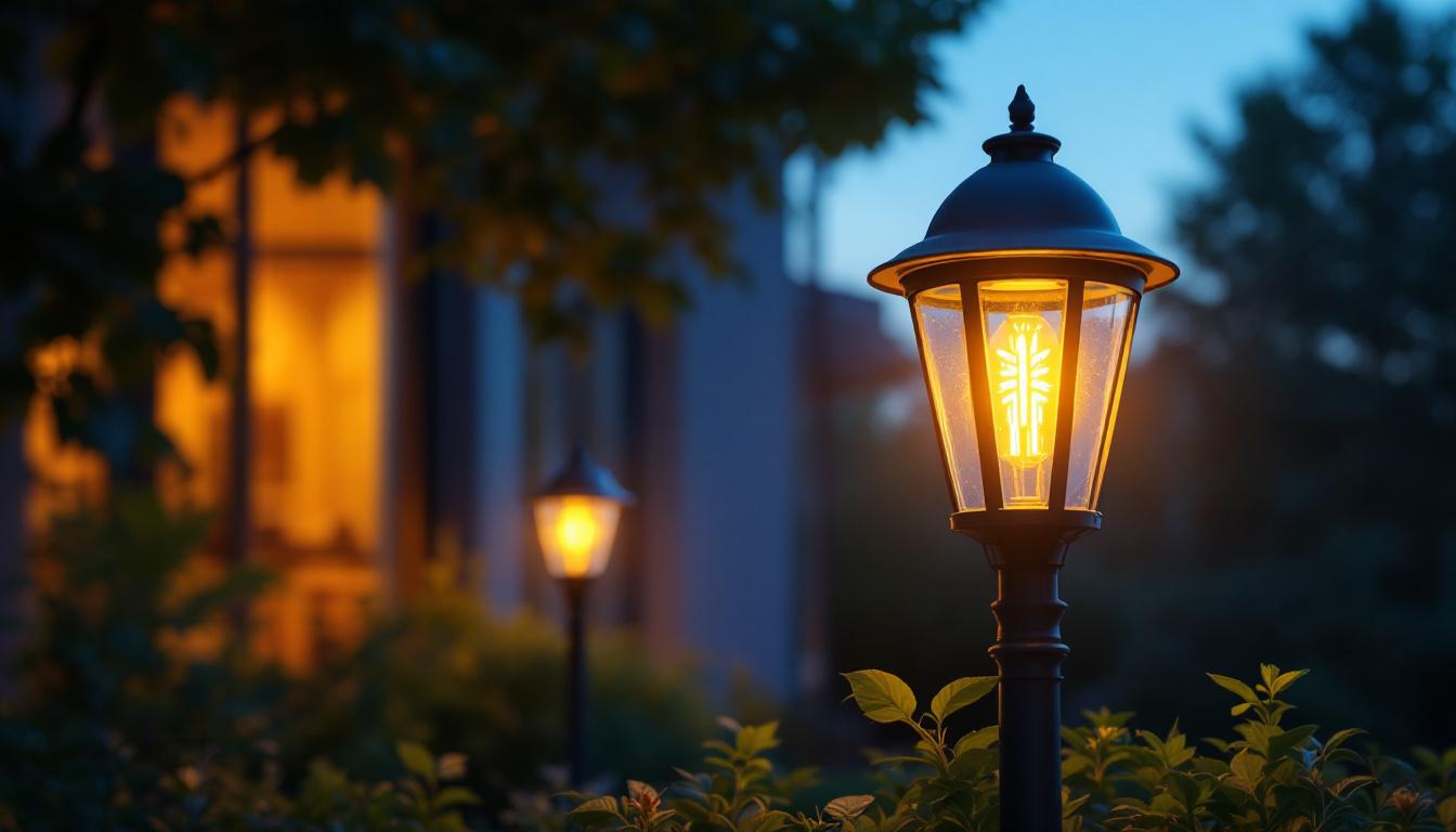 A photograph of a beautifully illuminated exterior lighting post mount in a residential or commercial setting during twilight