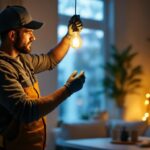 A photograph of a lighting contractor skillfully replacing a flickering bulb in a cozy