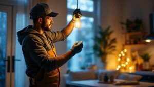 A photograph of a lighting contractor skillfully replacing a flickering bulb in a cozy