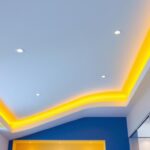 A photograph of a beautifully designed sloped ceiling featuring 6-inch led recessed lights