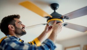 A photograph of a skilled lighting contractor installing or adjusting a ceiling fan with a 3-speed fan switch