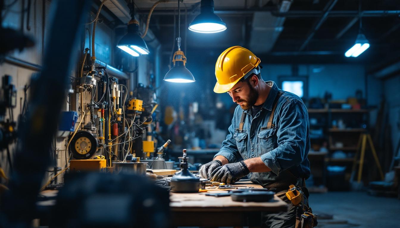 A photograph of a well-lit workshop or garage environment showcasing various led shop lights in action