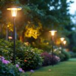 A photograph of a beautifully illuminated garden featuring modern pole lights