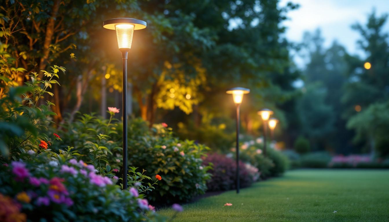 A photograph of a beautifully illuminated garden featuring modern pole lights