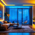 A photograph of a beautifully illuminated space showcasing vibrant led strip lights in various settings