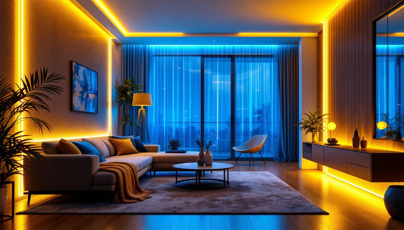 A photograph of a beautifully illuminated space showcasing vibrant led strip lights in various settings