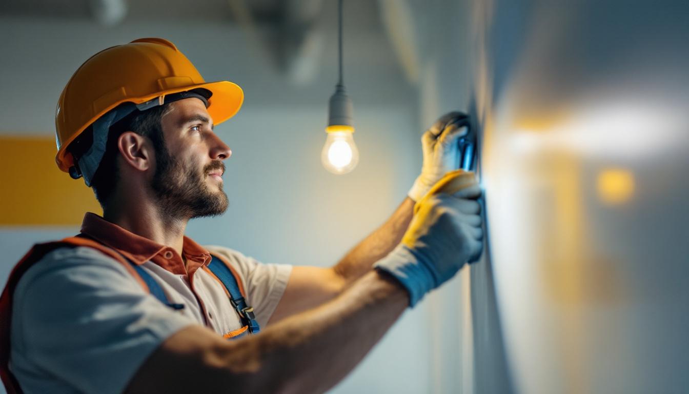 A photograph of a lighting contractor in action