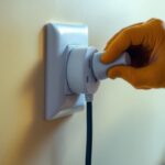 A photograph of a lighting contractor installing a duplex plug in a residential or commercial setting