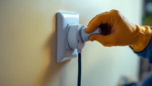 A photograph of a lighting contractor installing a duplex plug in a residential or commercial setting