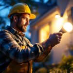 A photograph of a lighting contractor installing outdoor led flood bulbs in a residential or commercial setting