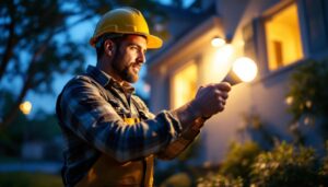 A photograph of a lighting contractor installing outdoor led flood bulbs in a residential or commercial setting