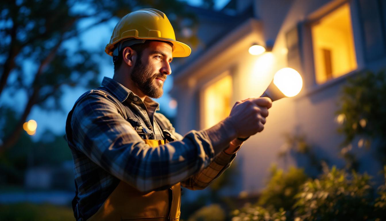 A photograph of a lighting contractor installing outdoor led flood bulbs in a residential or commercial setting