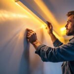 A photograph of a skilled lighting contractor installing or adjusting led trim lighting in a stylish interior setting