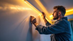 A photograph of a skilled lighting contractor installing or adjusting led trim lighting in a stylish interior setting