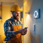 A photograph of a lighting contractor demonstrating various modern light switch options in a well-lit
