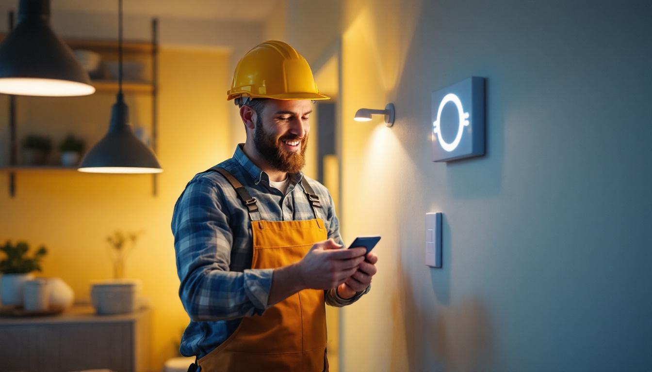 A photograph of a lighting contractor demonstrating various modern light switch options in a well-lit
