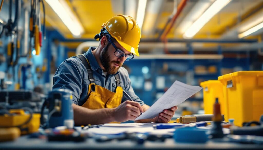 A photograph of a lighting contractor attentively working on a fluorescent light wiring diagram