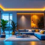 A photograph of a beautifully designed room illuminated by dusk to dawn recessed lights