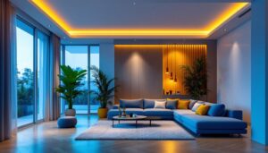 A photograph of a beautifully designed room illuminated by dusk to dawn recessed lights