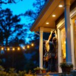 A photograph of a lighting contractor installing stylish ceiling mount outdoor lights on a residential porch