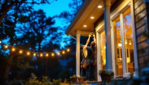 A photograph of a lighting contractor installing stylish ceiling mount outdoor lights on a residential porch