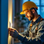 A photograph of a professional lighting contractor installing a leviton occupancy sensor in a modern residential or commercial space