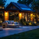 A photograph of a beautifully illuminated outdoor space featuring solar panel lights in action at dusk