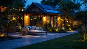 A photograph of a beautifully illuminated outdoor space featuring solar panel lights in action at dusk
