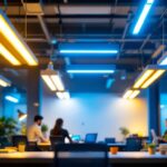 A photograph of a well-lit workspace featuring a variety of fluorescent light fixtures in use
