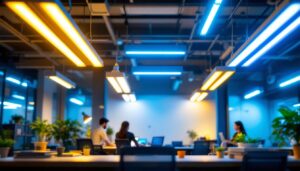 A photograph of a well-lit workspace featuring a variety of fluorescent light fixtures in use