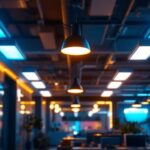 A photograph of a modern lighting installation featuring led fixtures in a well-lit commercial space