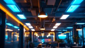 A photograph of a modern lighting installation featuring led fixtures in a well-lit commercial space
