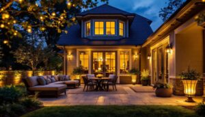A photograph of a beautifully illuminated patio at dusk