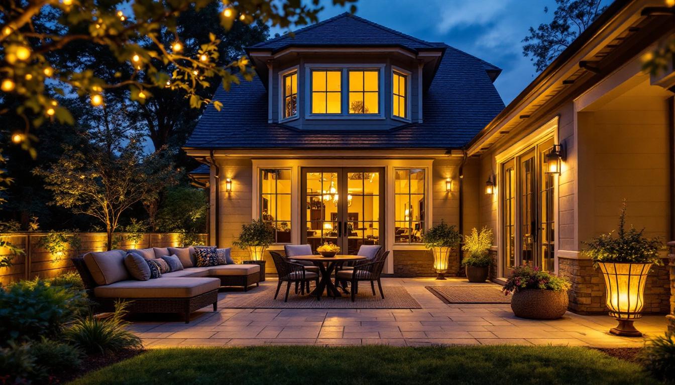 A photograph of a beautifully illuminated patio at dusk