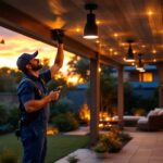 A photograph of a lighting contractor skillfully installing outdoor ceiling light fixtures in a beautifully landscaped backyard