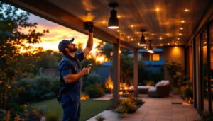 A photograph of a lighting contractor skillfully installing outdoor ceiling light fixtures in a beautifully landscaped backyard